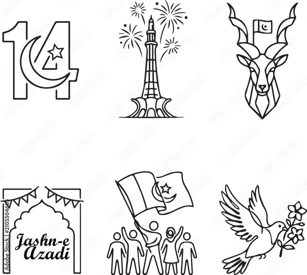 Fototapeta premium Pakistan Independence Day Icons. 14 August , Celebrating Pakistan Independence Day,14 August 1947 Independence Day Social media design, Vector emblems, 14 August icons