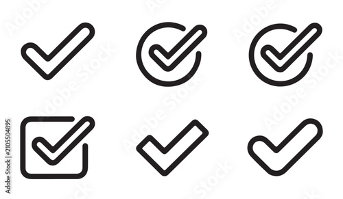 Obraz na płótnie Set of six distinct checkmark icon variations in linear style for modern web app interfaces