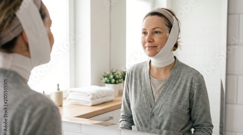 Woman looking in mirror after facial plastic surgery. Patient wearing compression bandage on face. Recovery phase after aesthetic operation. Medical procedure and wellness concept.