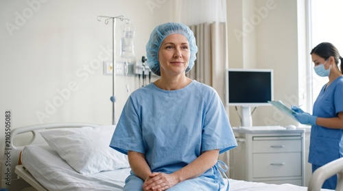 Caucasian woman patient sitting on bed in hospital room waiting for plastic surgery. Nurse writing in medical chart. Clinical aesthetic medicine, healthcare, procedure preparations.