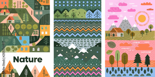 nature scenes in colorful vector illustrations landscape trees houses mountains clouds sun geometric shapes pattern design minimalist artwork environment outdoor scenery graphic elements