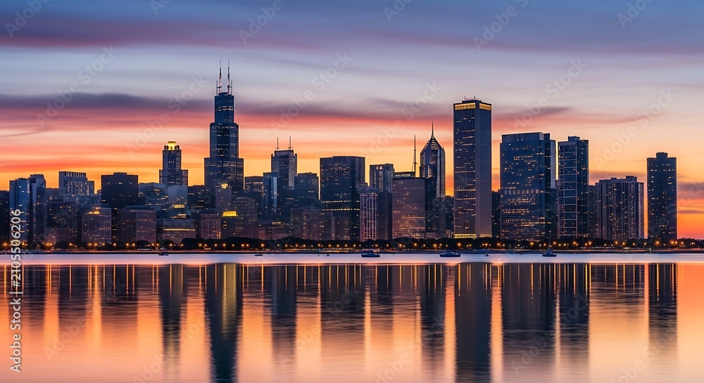 Fototapeta premium Illuminated Modern City Skyline Reflected on Calm Lake at Colorful Sunset