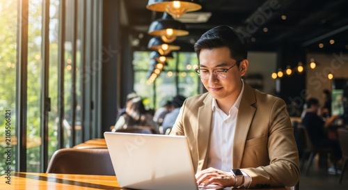 Professional Asian Businessman Working on Laptop in Modern Cafe, Remote Work and Digital Nomad Lifestyle Concept