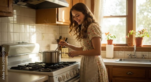 Woman cooking in kitchen interior.