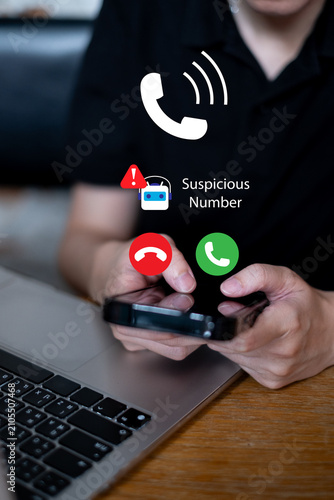 Person using AI artificial intelligence in spam phone call detection alert warning threat fraud, technology cybersecurity concept