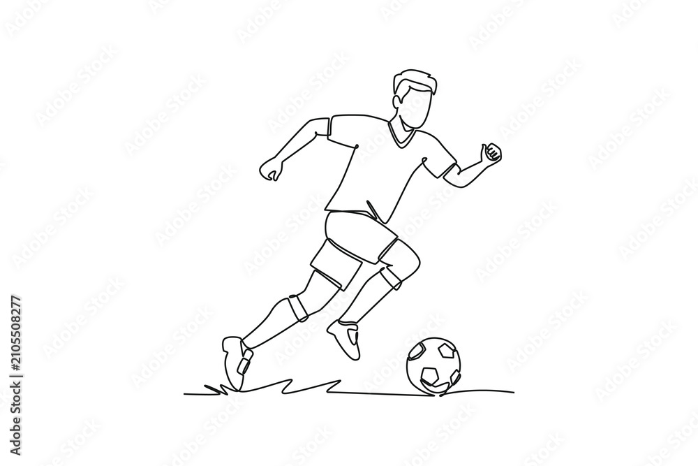 Fototapeta premium Soccer athlete running with determination while carrying the attack.Football 2027 concept.Single line draw design.Vector graphic illustration