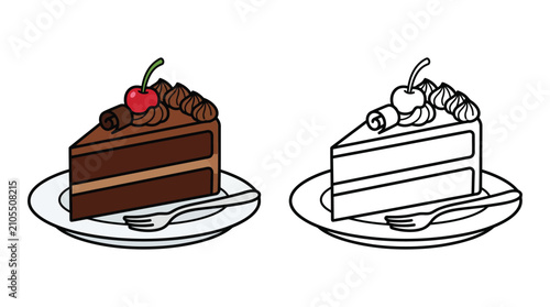 Chocolate And Vanilla Cake Slice Illustration Color And Line Art Versions