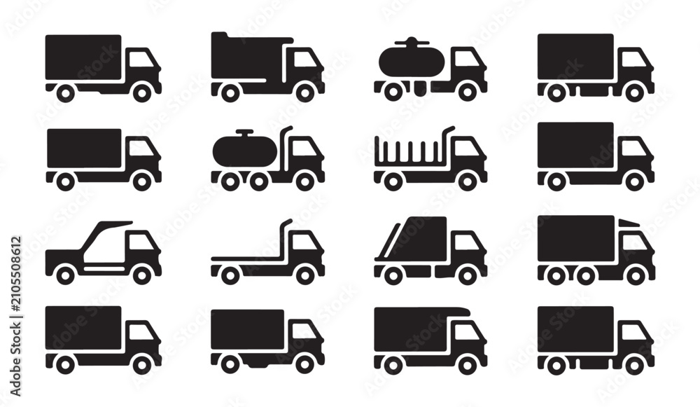 Naklejka premium Collection of various truck icons silhouette flat style on white background.