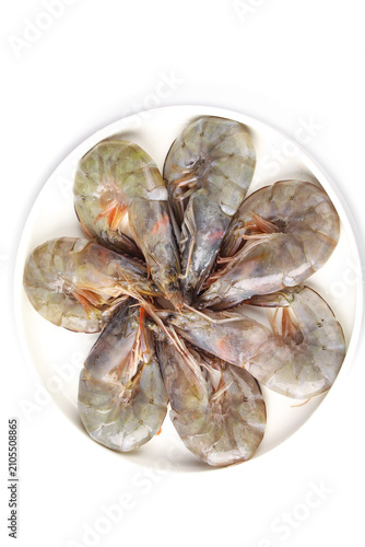 Cuadro en lienzo Fresh Raw Shrimp Seafood Arranged on White Plate - Premium Quality Crustaceans f