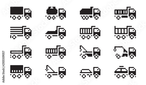Foto Heavy duty dump truck and industrial vehicle icons set for construction work site transport