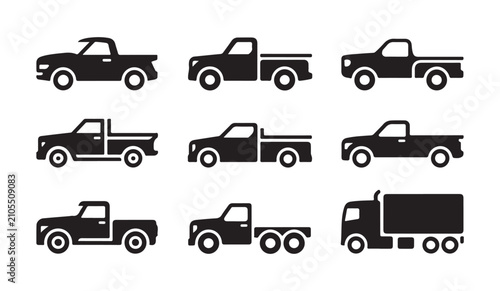 Obraz na płótnie Truck and pickup vehicle silhouette icons set isolated on white for transport web graphics
