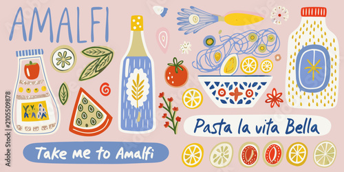 Photography illustration of italian food ingredients and pasta in whimsical style amalfi lem