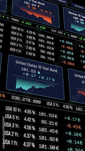 Bond market trading screen, interest rates, charts, prices moving up and down, stock market theme. Financial market, yield, debt financing, treasury bond, coupon, central bank rate, credit score.