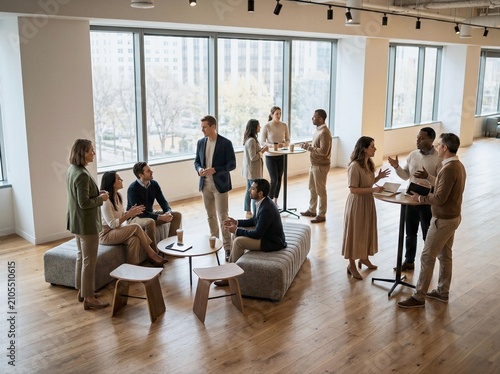 Businesspeople collaborate in a modern office meeting near wooden tables and large windows