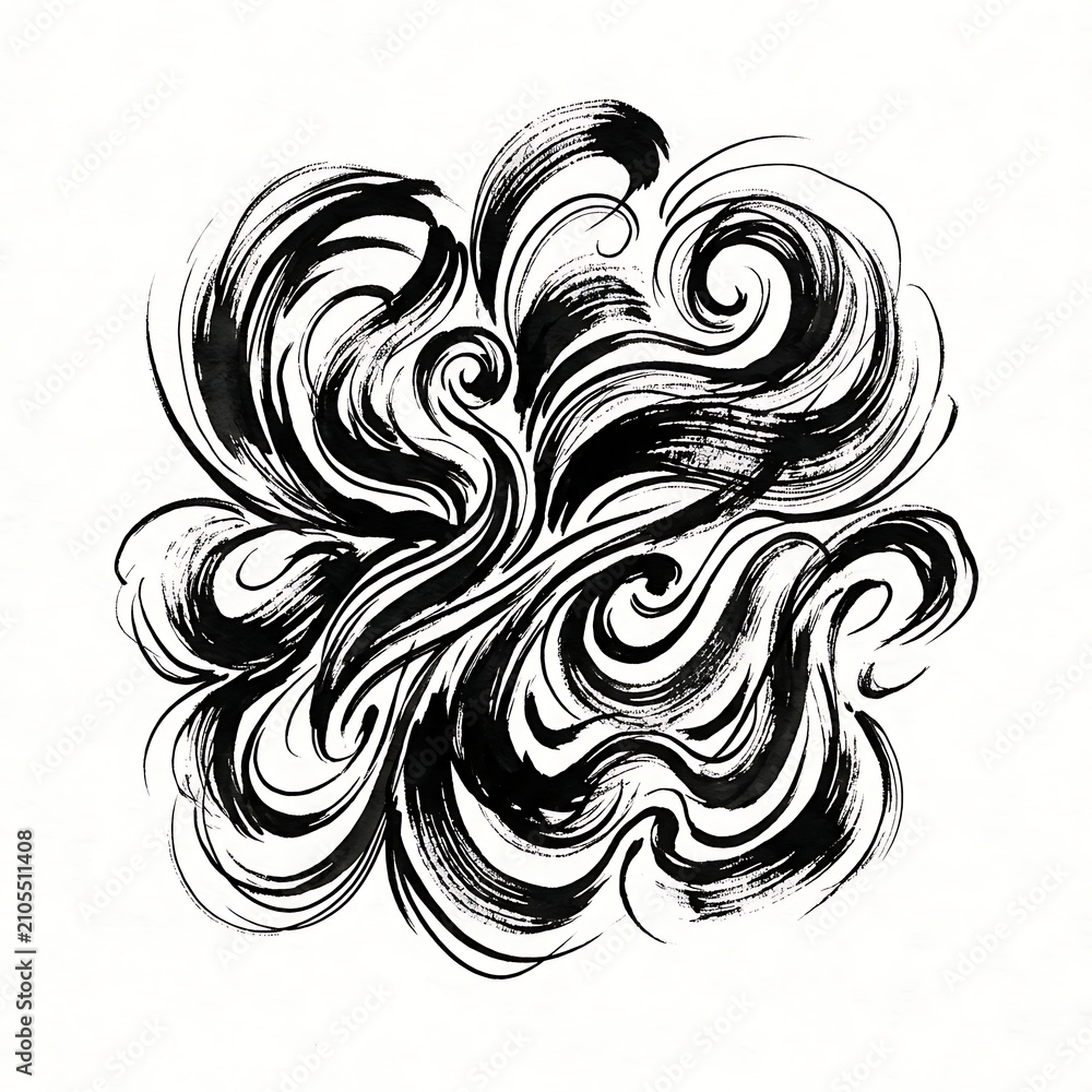 Fototapeta premium Abstract Hand Drawn Black Ink Brush Stroke Swirls and Wavy Pattern Isolated on White Background