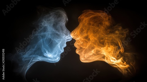 Abstract Blue and Orange Flame Faces Facing Each Other