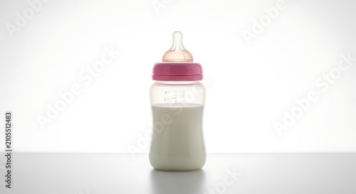 Baby Bottle Filled with Milk Standing on Bright White Surface
