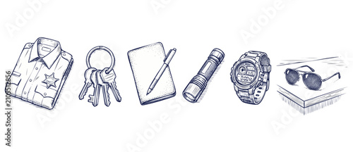 Canvastavla Police officer everyday carry gear sketch illustrations with badge, keys, notebook, flashlight, tactical watch, and sunglasses