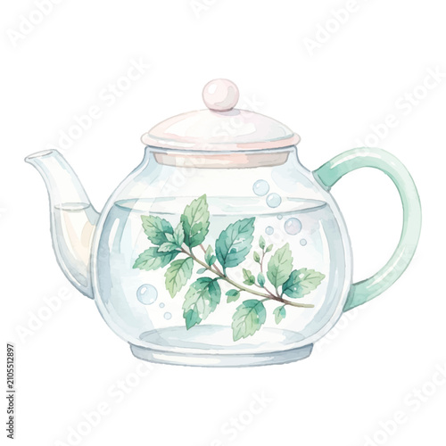 Watercolor Glass Teapot with Mint Leaves, Botanical Herbal Tea Illustration Isolated on White Background
