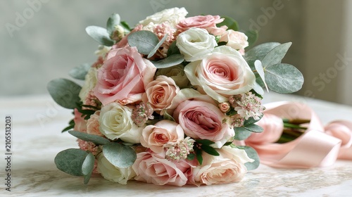 Rose bouquet timeless romance heartfelt love elegant floral arrangement close up wedding elegance theme realistic Composite luxury marble tabletop.