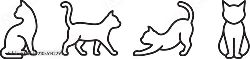 Photography Set of cat silhouettes in different poses, line art icons, vector