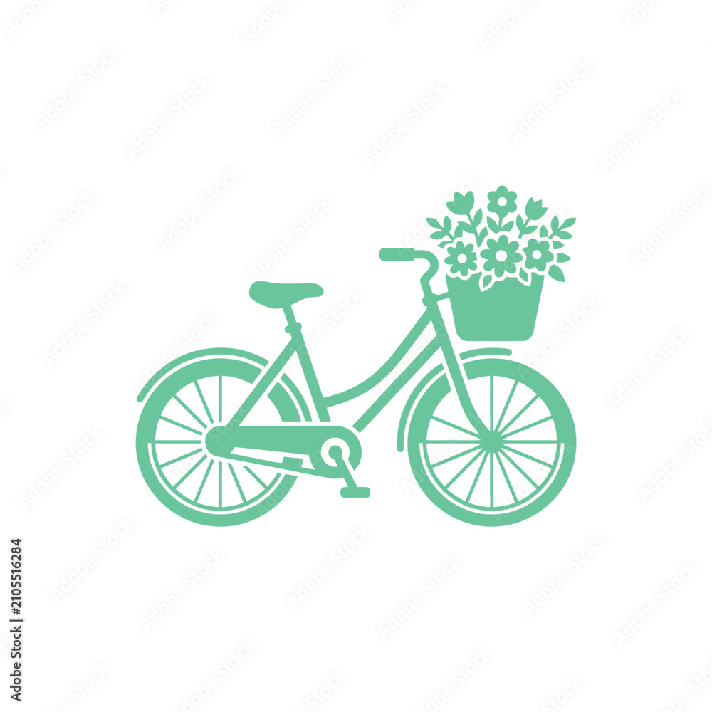Fototapeta premium Minimalist Mint Green Bicycle Icon With A Flower Basket Isolated On A Simple White Background