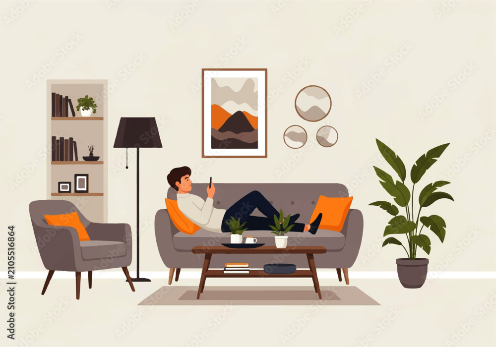 Fototapeta premium Vector flat design illustration of a man relaxing on a sofa using his smartphone in a cozy living room setting