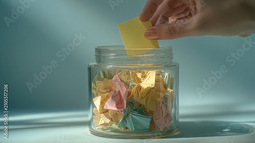 Glass jar filled with colorful paper slips, hand picking a yellow note from a donation jar, concept of lucky draw and charity fundraising