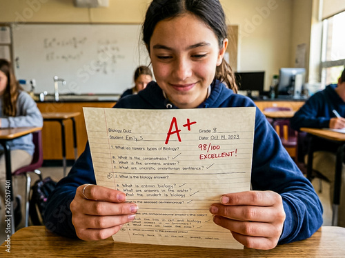 Smiling student in classroom holding graded paper with A plus.