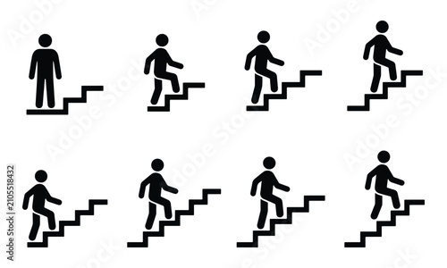 Man climbing stairs progression icons set