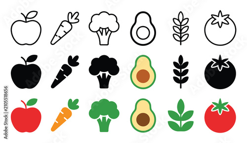 Healthy food icon set with apple, carrot, broccoli, avocado, wheat, and tomato in multiple vector styles