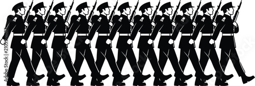 Photography Black and white illustration of a row of marching soldiers.