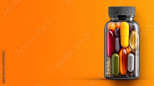 Colorful Assorted Pills in Clear Bottle on Bright Orange Background