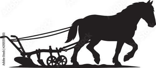 Obraz na płótnie Black silhouette of a horse pulling a plow, farm illustration, vintage agriculture, editable vector