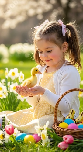 Smiling Young Girl Holding Yellow Duckling in Sunny Spring Garden