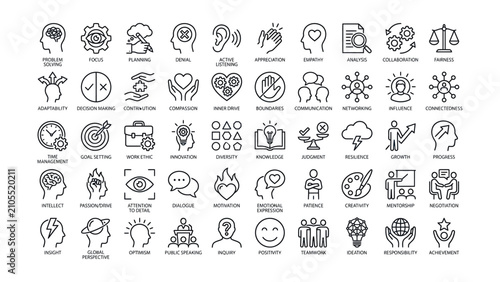 Foto Comprehensive set of modern business soft skills and personal development line i