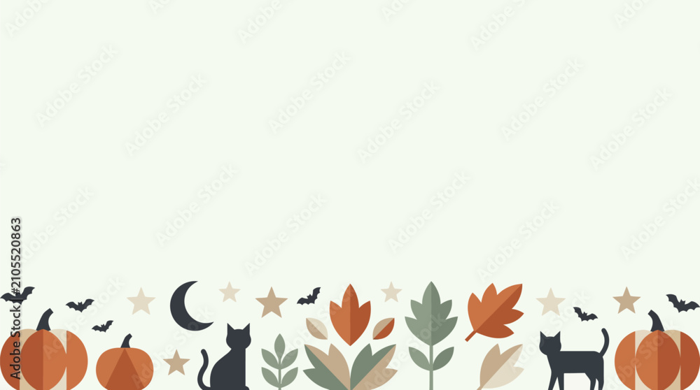 Fototapeta premium Halloween-themed flat design with pumpkins, cats, bats, leaves, and stars