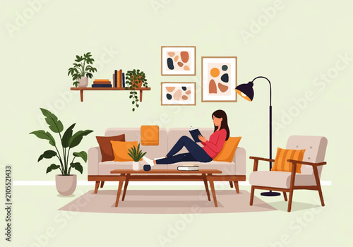 Vector flat design illustration of a woman relaxing on a sofa reading a book in a cozy living room with plants