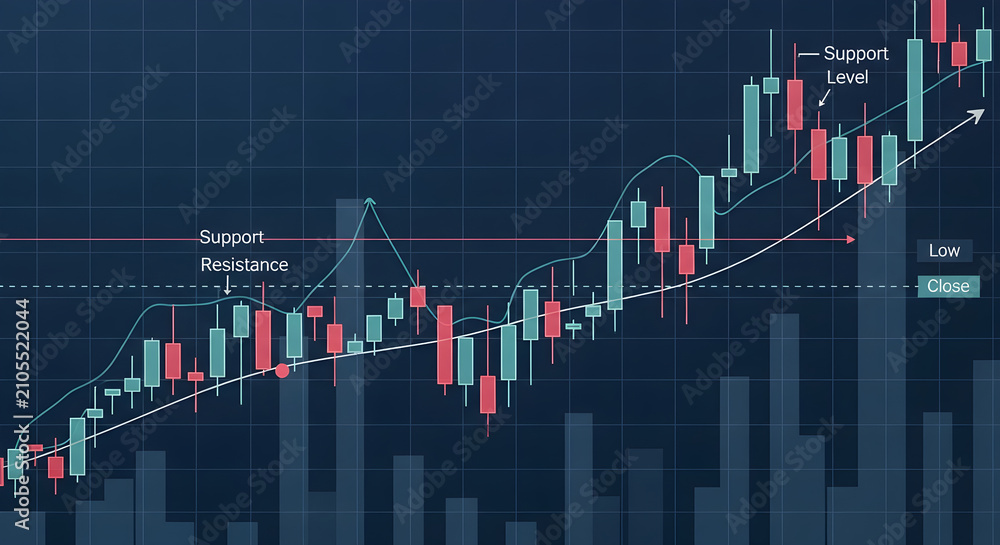 Naklejka premium Financial Stock Market Trading Chart Displaying Bullish Trend Analysis With Support And Resistance Price Level Indicators