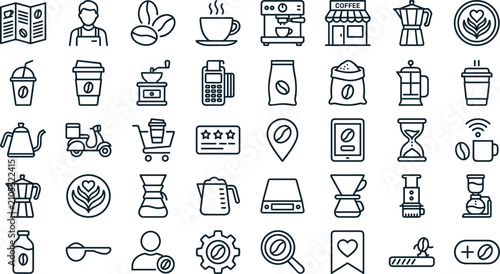 Schilderij op canvas Coffee Shop and Barista Line Icon Set with Espresso Brewing, Cafe Equipment, Tak