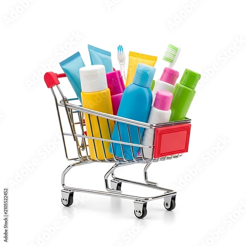 Colorful Toiletry Bottles and Toothbrush Arranged in Mini Shopping Cart on White Background