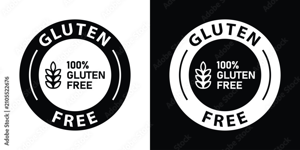 Fototapeta premium 100% gluten free certification sign with text and wheat ear vector icon pack in modern circle badge design.
