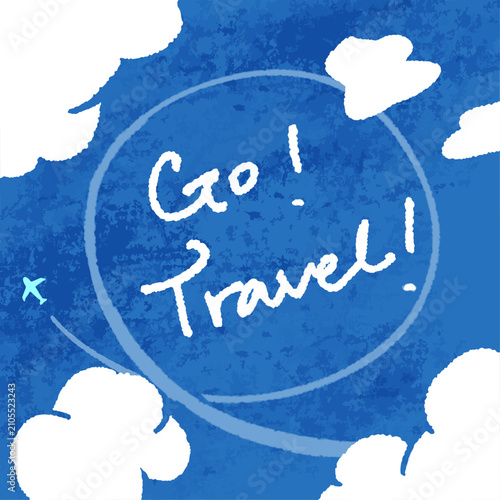 旅行をイメージした手描き風のスクエアバナーテンプレート 青空と雲と飛行機の背景イラスト