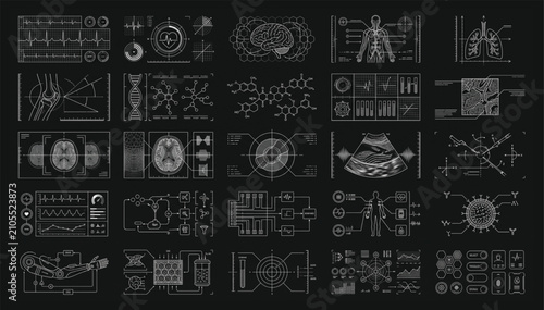 Medical Interface Diagnostic Icons and Healthcare Data Analysis Graphics Vector Pack for Clinical Research and Monitoring