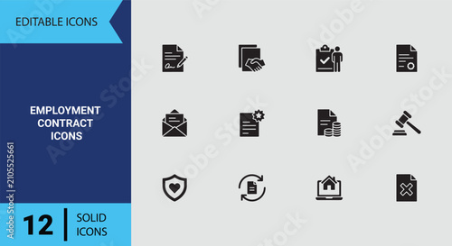 Employment Contract Solid Icons Set for Human Resources Hiring Staff Recruitment and Work Agreements