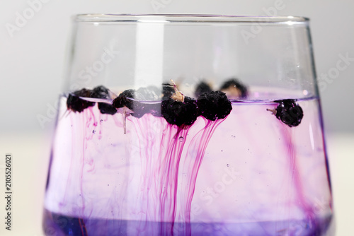 Quadro su tela Traditional Chinese Hot Tea with Black Wolfberry Goji Berries Creating Purple In