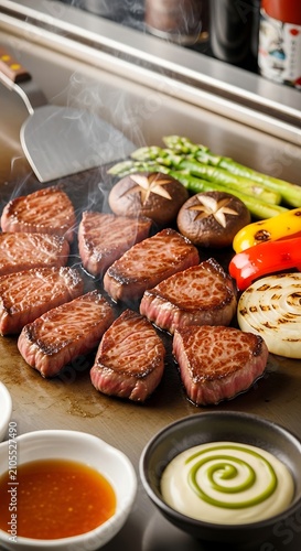 Juicy Marbled Beef Steaks Grilling with Vegetables on Teppanyaki Griddle