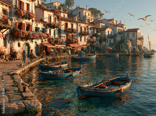 Idyllic Coastal Village: Sun-drenched buildings cling to a hillside overlooking a serene harbor filled with small fishing boats. Seagulls circle overhead in a perfect, peaceful Mediterranean scene.
