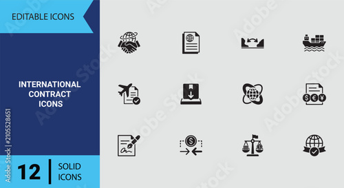 International Contract Solid Icons Set for Global Business Deals Cross Border Agreements and Trade