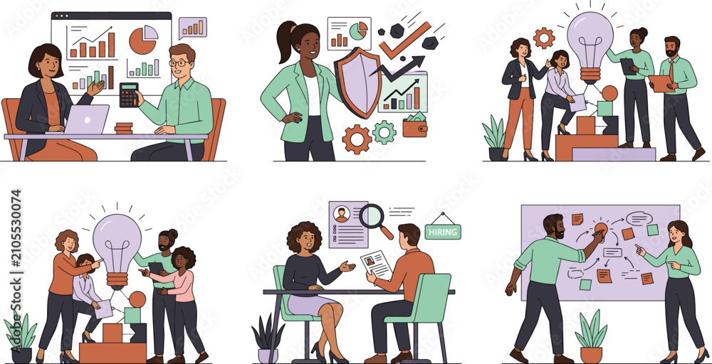 Fototapeta premium Business Analytics Corporate Risk Shield Innovation Brainstorming and Human Resources Hiring Talent Recruitment Vector Illustration Concept Set
